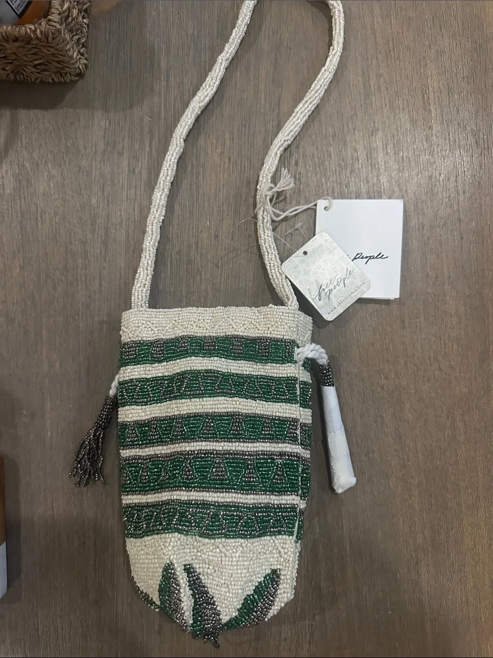 NWT Free People Tassel Beaded Pouch-Green Ivory